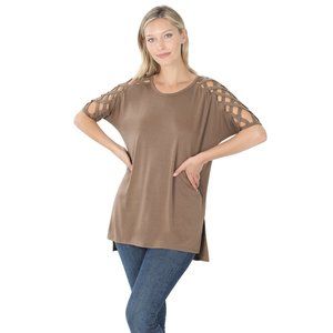 CRISS-CROSS SHOULDER  HI-LOW HEM DARKMOCHA TOP NWT